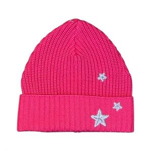 Rebecca Minkoff Embroidered Star Peak Ribbed Knit Beanie Hat in Hot Pink O/S